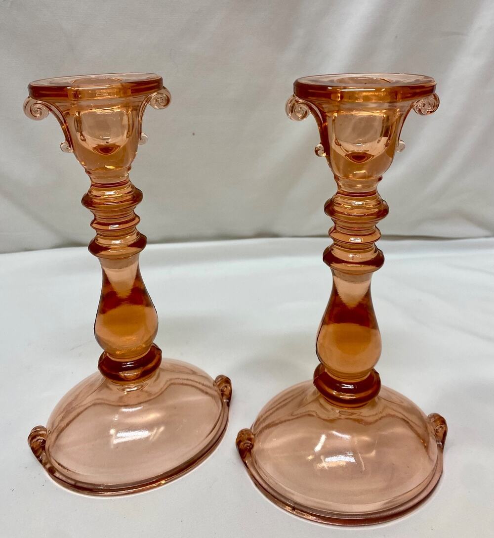 Imperial Double Scroll Pink Depression Glass Candle Stick Holders Pair